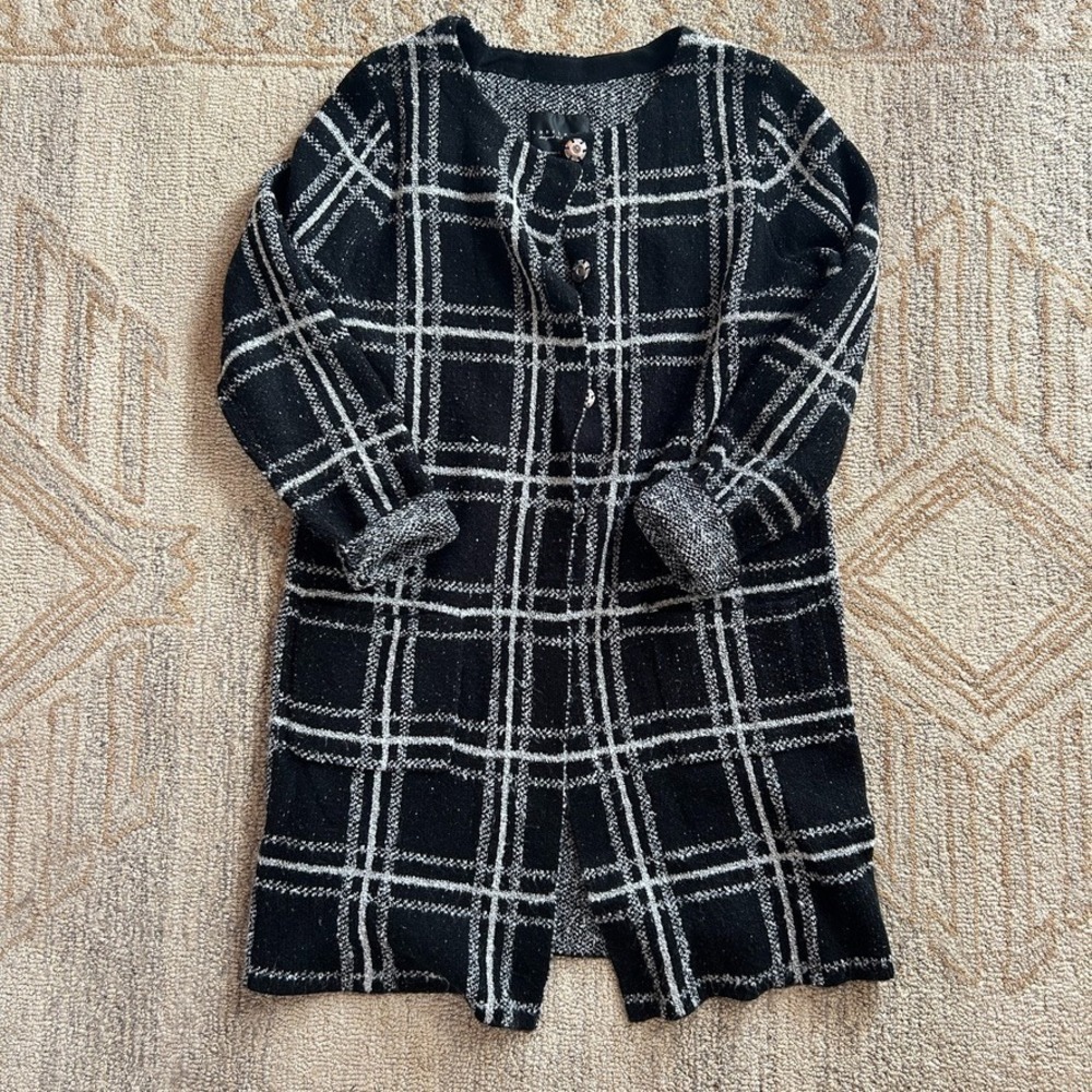 Sanctuary Plaid Long Cardigan Sweater Womens L Black Duster Preppy Dark Academia